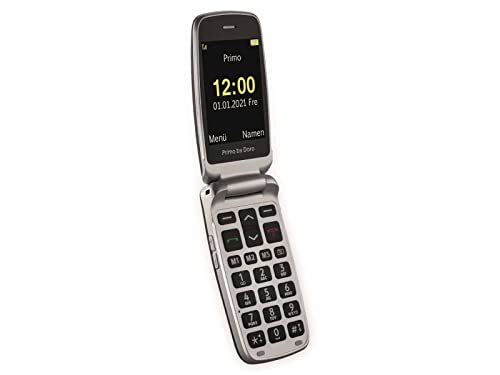 Doro Primo 408 by Mobiltelefon mit großem Farbdisplay, beleuchteter Tastatur, Notruftaste, Fallsensor, Kamera, Taschenlampe, Alarmfunktion, inkl. Tischladestation, 360092, Grau